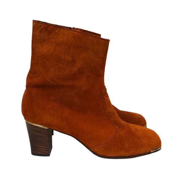 SOLD Vintage 60s Retro Burnt Orange Suede Leather Square Toe Chunky Heel Boots - Picture 3 of 12